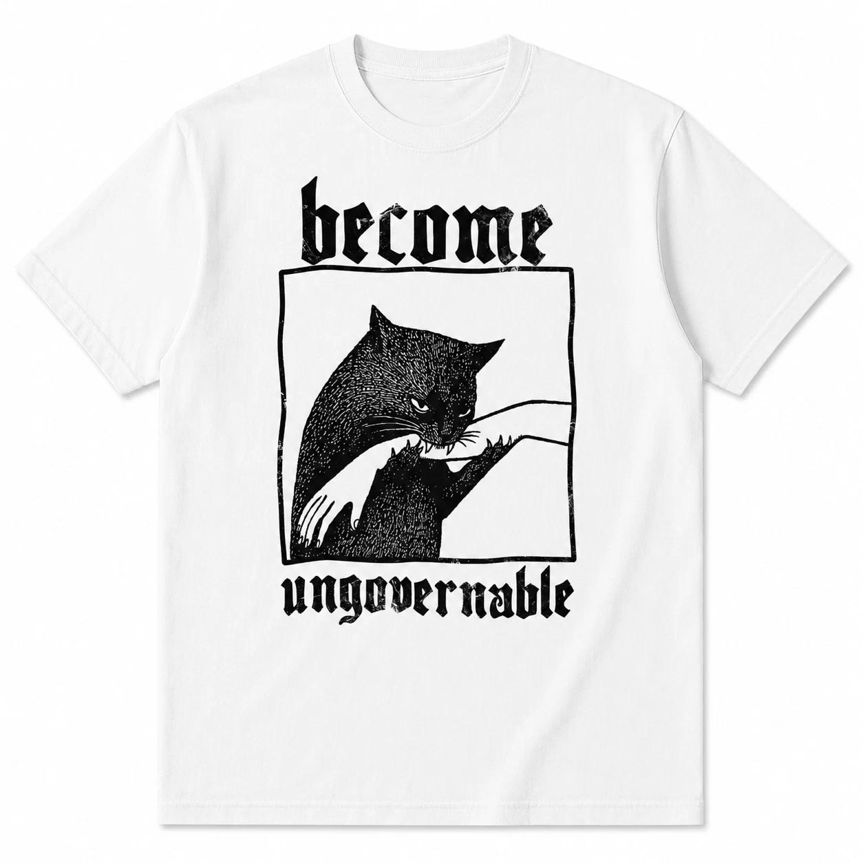 Become Ungovernable T-Shirt Funny Black Cat Graphic Tee Sarcastic Cat Lover Gift M