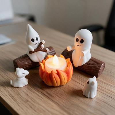 5PCS LED Candle Ghost Bonfire Ornament Set Resin Ghost Campfire Flickering Ornament  Gift