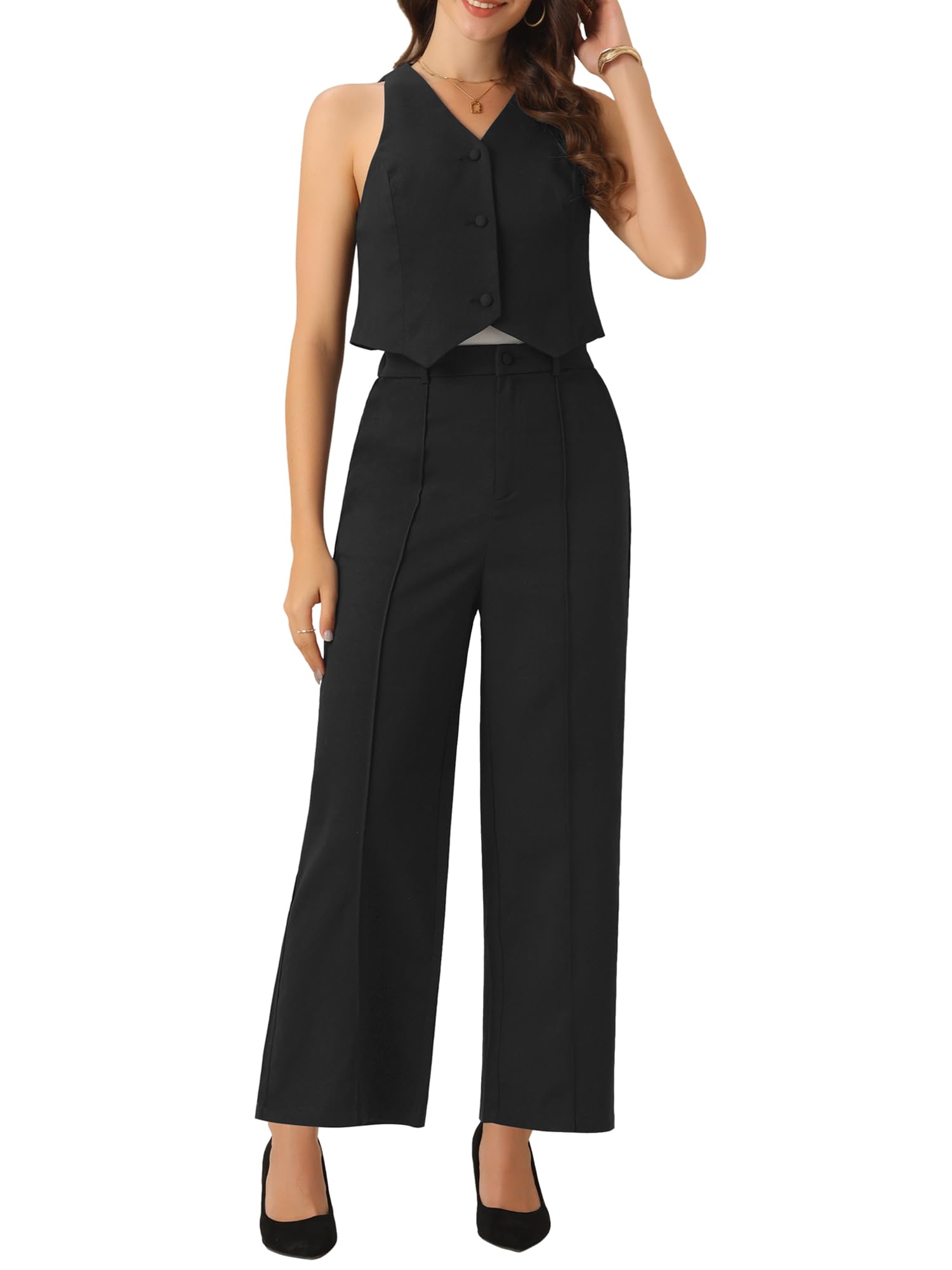 

Allegra K Women s Casual Sleeveless Crop Top with V-Neck and Wide Leg Pants, Black, Size M
