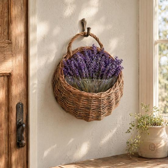 Hand-woven Wicker Basket, Hanging Flower Basket with Handle, Rustic Plant Basket Planter for Indoor Outdoor Wall Decoration