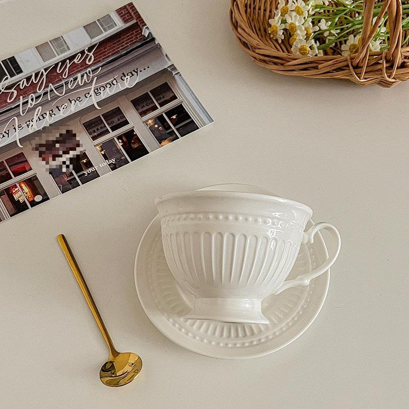 European Style French White Ceramic Coffee Cup and Saucer Set for Afternoon Tea