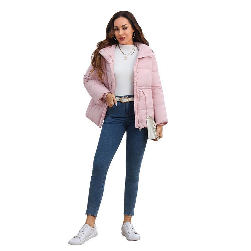 Cotton clothes women's winter European and American style large size women's clothing hooded waist drawstring cotton clothes women