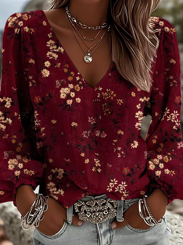 Koszula w stylu retro western z nadrukiem | Damska bluzka z długim rękawem i dekoltem w serek, z kolorowymi drobnymi nadrukami kwiatowymi i designerskimi rękawami typu latarnia w stylu bohema