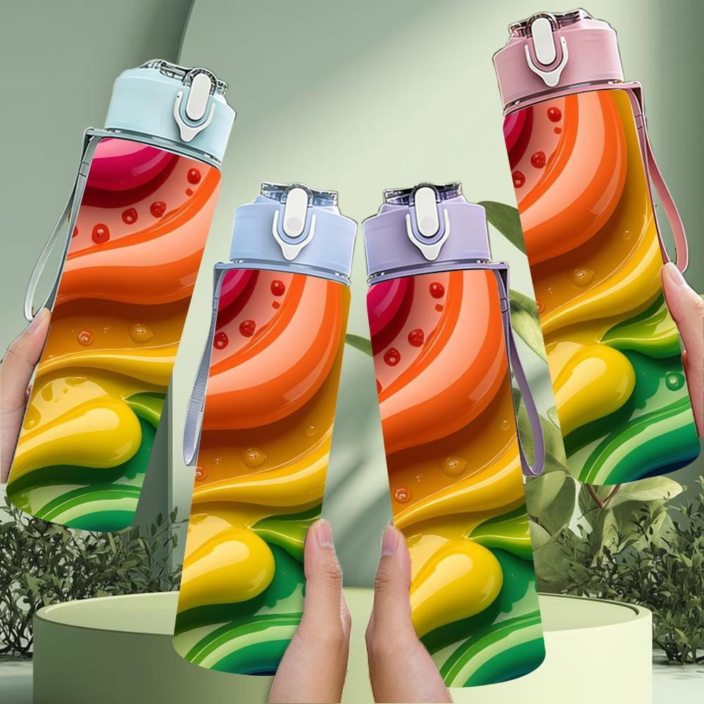 1PC Rainbow Swirl Marble Texture Print 750ml Color Plastic Sports Water Bottle Leakproof Flip Straw Lid Suitable for Sports Office Home Use
