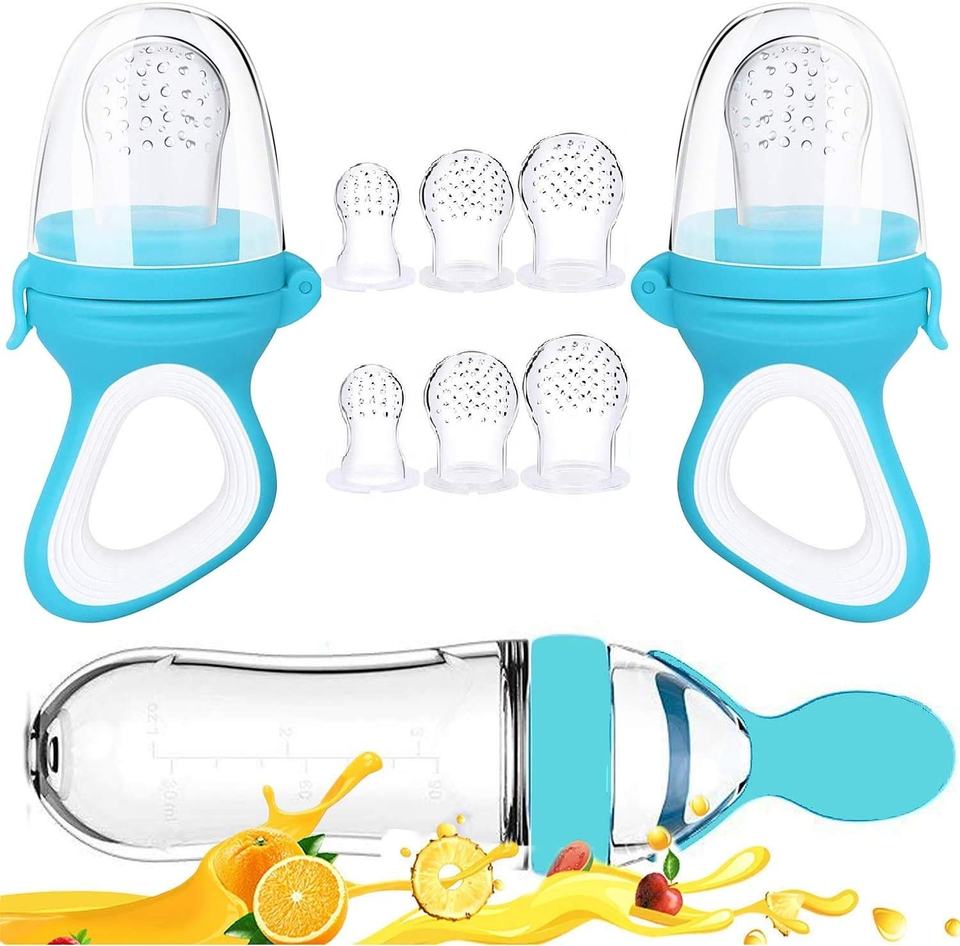 Biberón con Cuchara de Silicona para Bebé Recién Nacido, Chupete de Entrenamiento, Cuchara para Arroz, Alimentador de Complemento Alimenticio para Cereales Infantiles, Vajilla azul