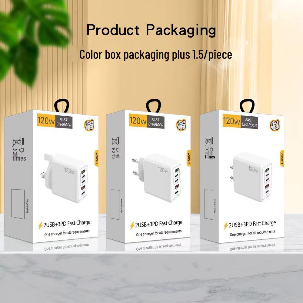 PD 120W Mobile Charger: 5V/2.4A Multi-port Adapter with PD and 3 USB for EU, US, and UK
