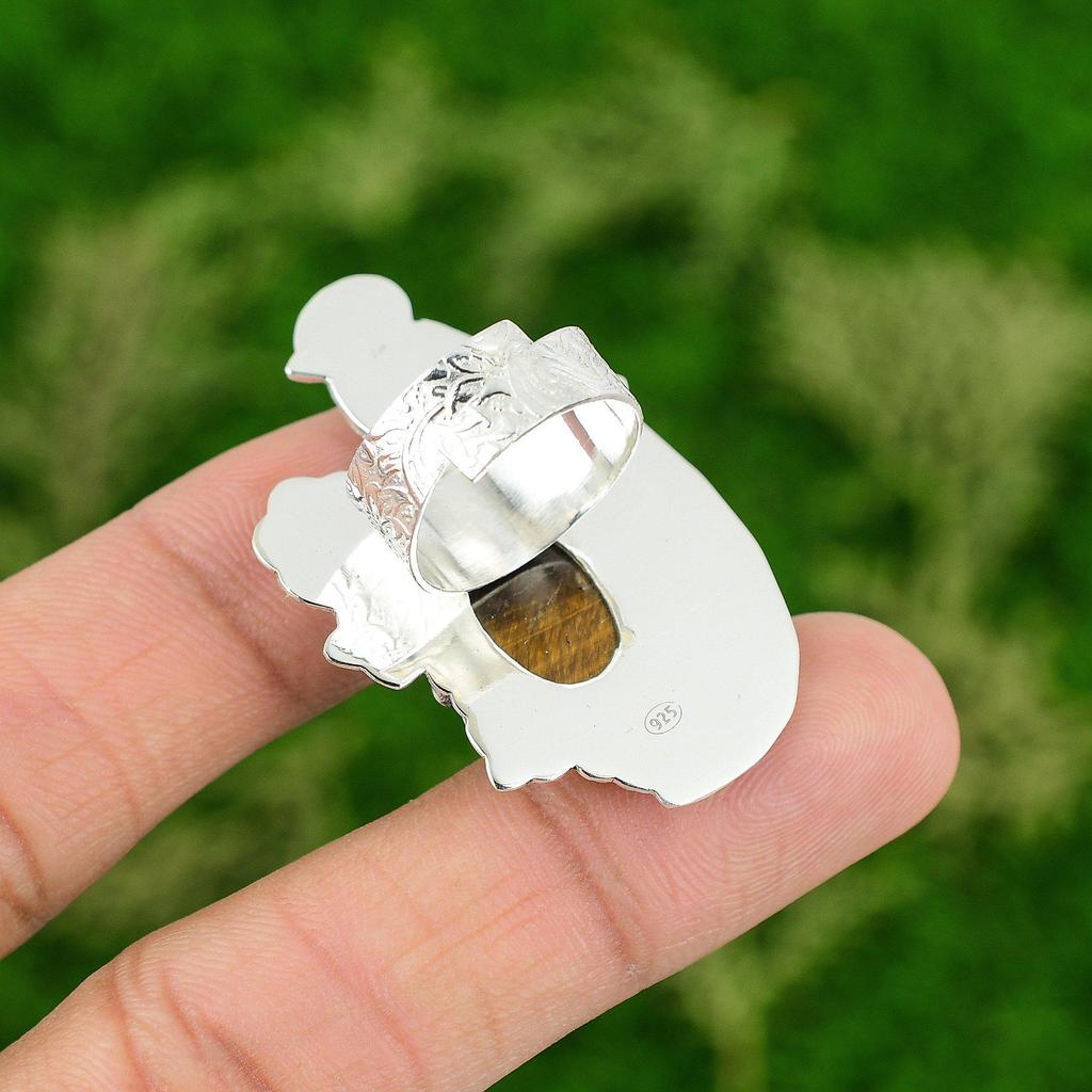 Natural TigerS Eye Gemstone 925 Silver Promise Bird Adjustable Ring For Girls