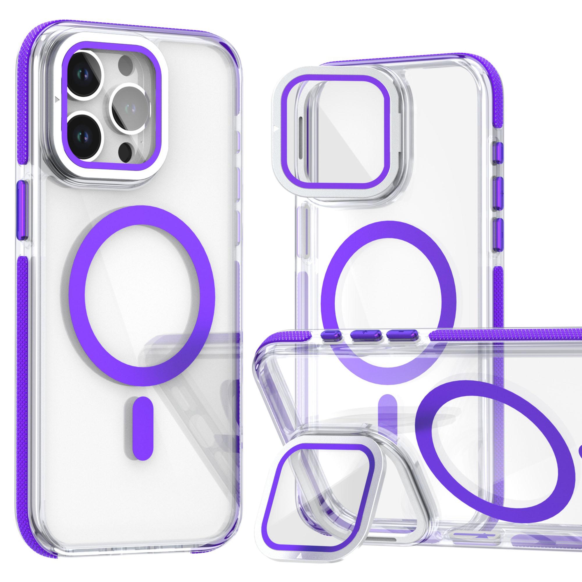 

For iPhone 15 Pro Magnetic Case TPU Acrylic Clear Phone Back Cover with Lens Protector Kickstand Purple