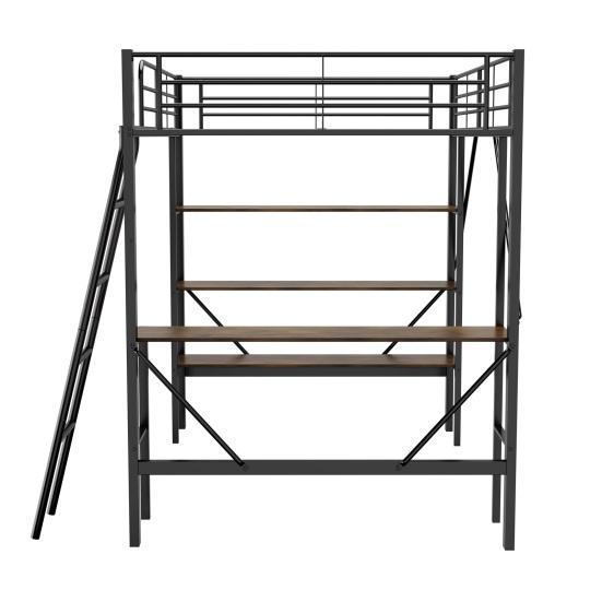 Metal Bed Strong Carrying Capacity with Computer Desk Storage Shelves Ladder Iron Frame Children Bunk Fall Protection Grilles Home Furniture Loft