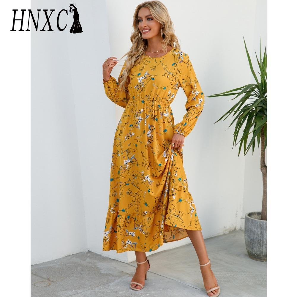 HNXC Spring Summer Bohemian Women Maxi Dress Casual Long Sleeve High Waist Beach Dress Women Floral Chiffon Dresses Vestidoes Mujer New
