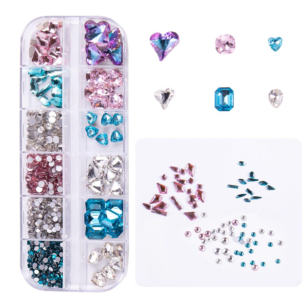 Nailart-Schmuck 12-Gitter-Box Nagelkunst Diamant Gemischtes Set Flacher Boden Speziell geformter Diamant Punktboden Diamant Kombinationsset