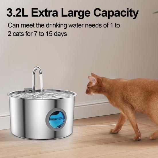 3.2L Dog Water Fountain Stainless Steel Quiet Pet Fountain with Quadruple Filtration Splash-Free Purification Fountain with Visual Water Level