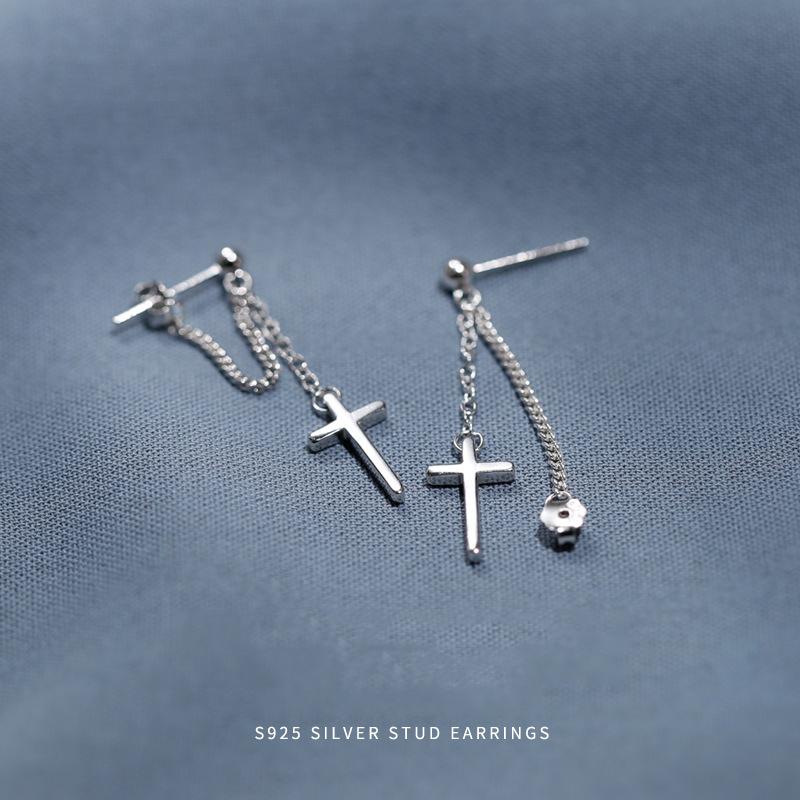 Bohemian 925 Sterling Silver Cross Earrings for Women Fashion Personality Couple Small Contracted Earrings