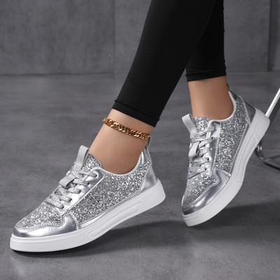 Wiosna i lato nowe błyszczące modne damskie buty modne casualowe sportowe buty deskorolkowe niskie sznurowane płaskie buty uliczne modne buty