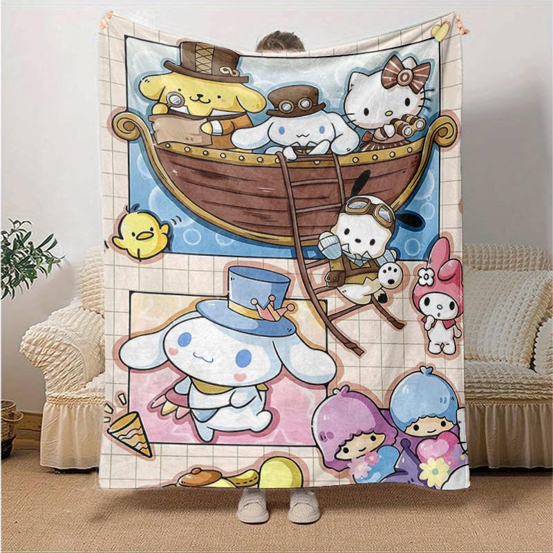 

1pc Hello Kitty on a Wooden Ship Blanket, Cute Home Decor for All Seasons, Living Room, Travel, Camping, Car Blankets, Beach, Office Naps, Soft Throw 130x150cm
