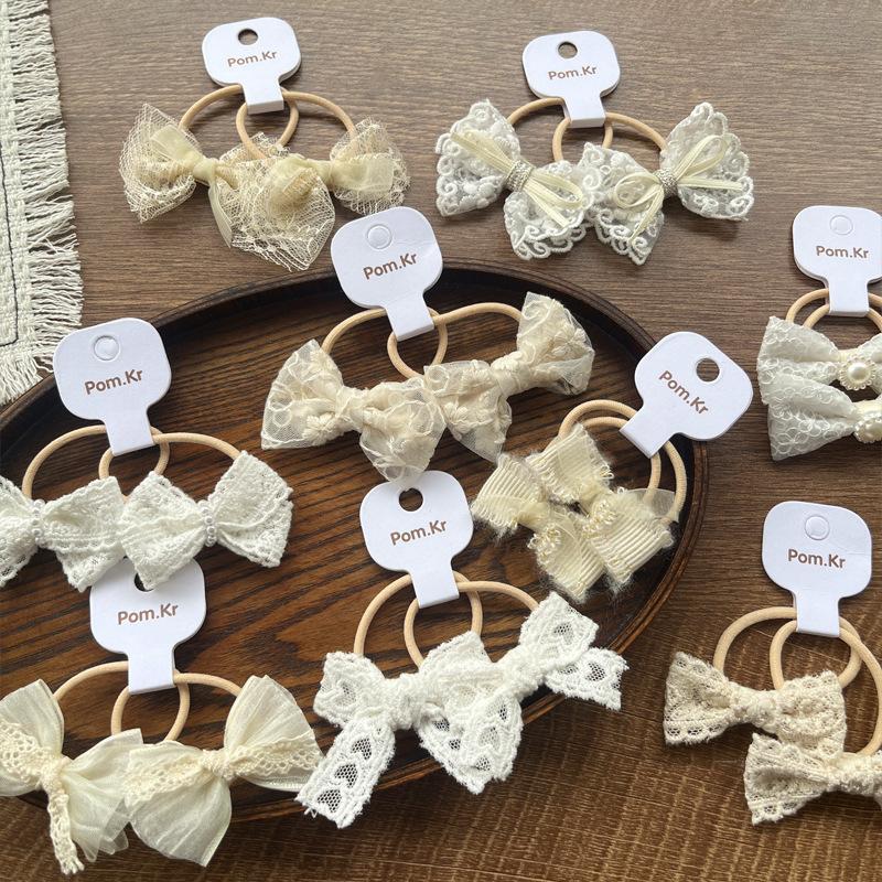 2pcs/set Beige Color Cute Lace Bow Hair Ties for Girls Fashionable Stretch Versatile Kids Ponytail Holders with Floral Lace Trim