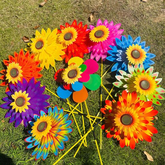 Sunflower Pinwheel 3-Tier Sunflower Garden Wind Spinner Ground Insert Yard Decor Windmill for Patio Lawn Decoration
