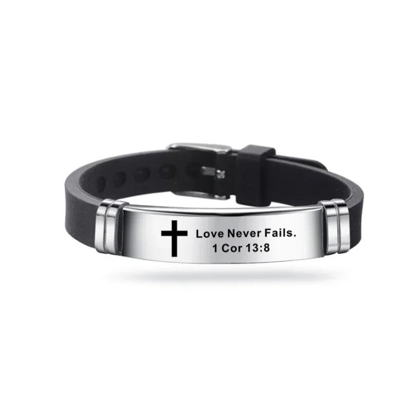 Cross Bible Christian Men Bracelet Adjustable Length Silicone Bangles Wristband Scripture Love Never Fails Male Jewelry