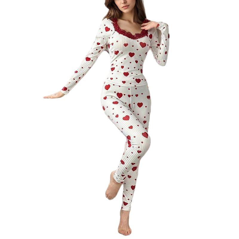 New Loungewear Love Printed Pajamas Love Long Sleeves Trousers Set Can Be Worn Outside European and American Women's Pajamas