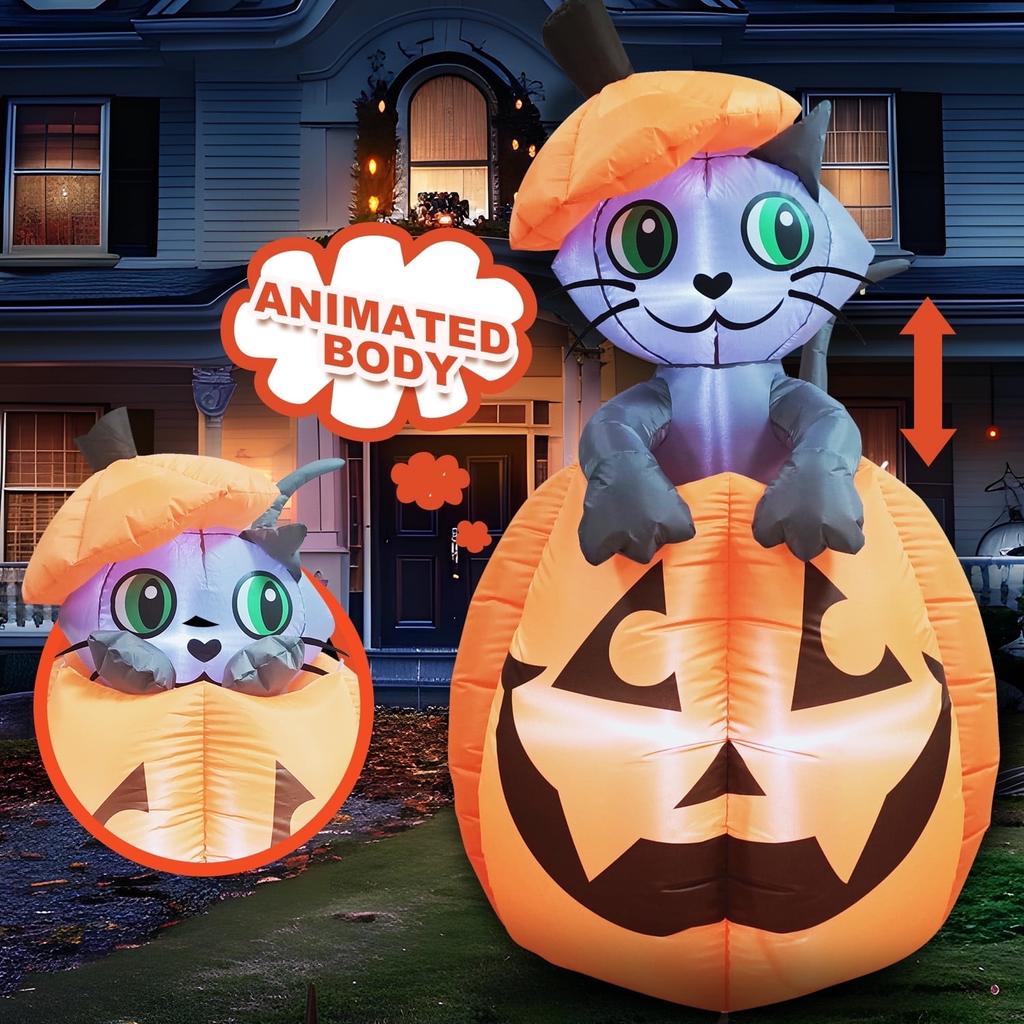 Joyfy 1,5 m Halloween Animierte Kätzchen auf Kürbis aufblasbar Außen Dekoration Halloween Aufblasbar Hof Rasen Aufblasartikel