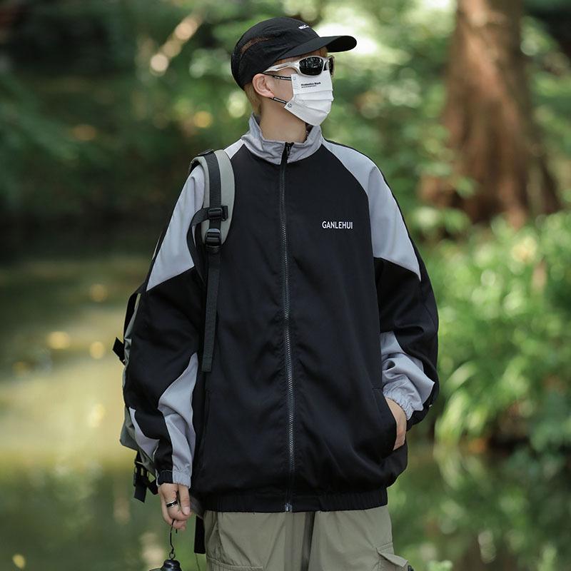 Color matching jacket men's spring Hong Kong style ins trendy brand loose casual Japanese stand-up collar sports trench coat jacket