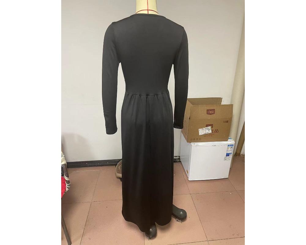 Damska Sukienka z Długim Rękawem i Dekoltem V, Jednokolorowa, z Wycięciami, Długa Sukienka