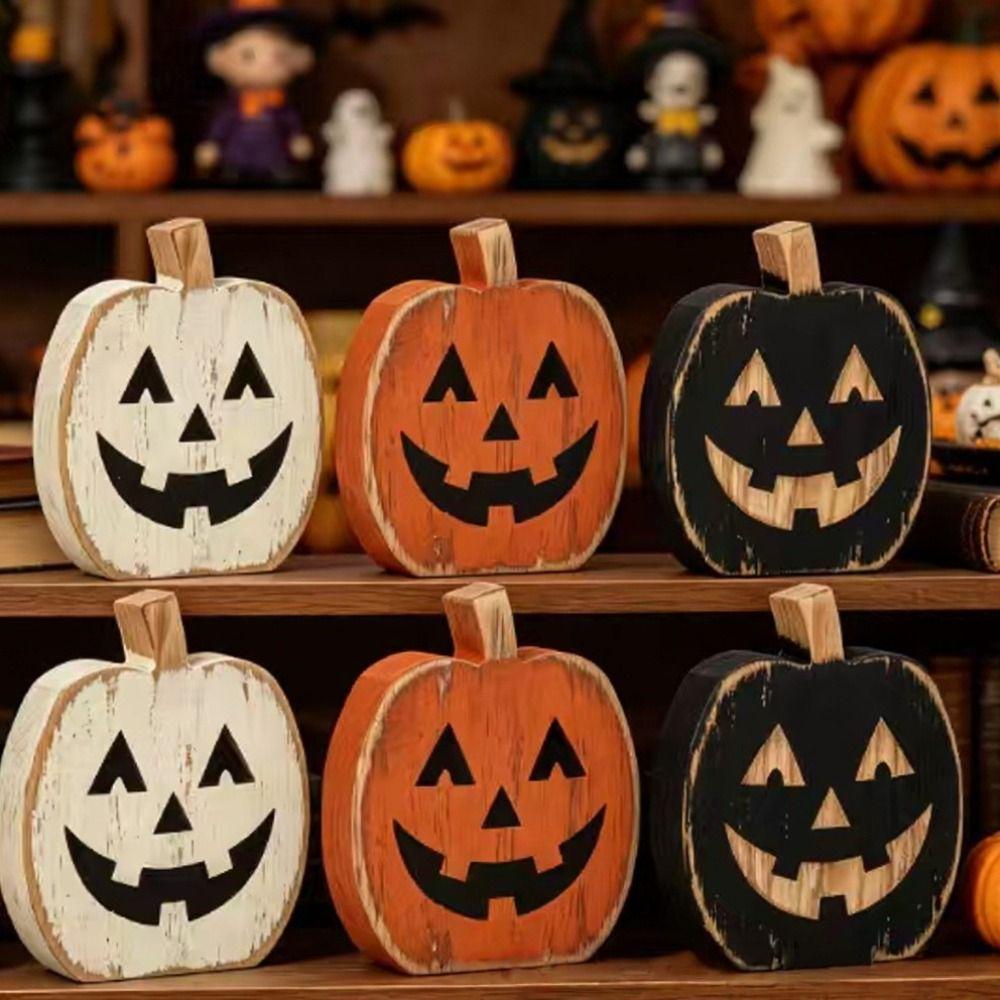 3PCS Freestanding Wooden Pumpkin Hand Painted Halloween Ornament Tiered Tray Decor Alloween Party