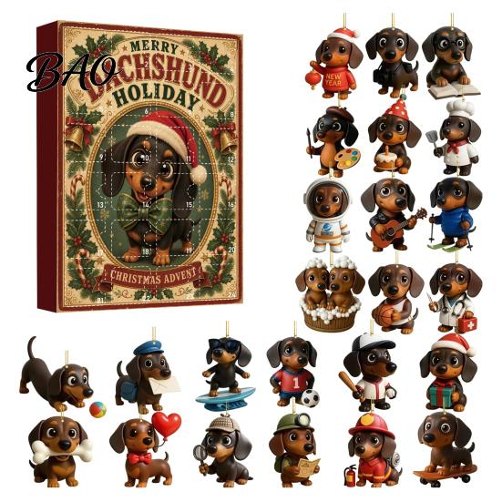 Christmas Tree Pendant Set 2026 Advent Calendar Dachshund Ornament Set, Countdown Hanging Decor with 24 Miniature Dog Collection Mini Figures,