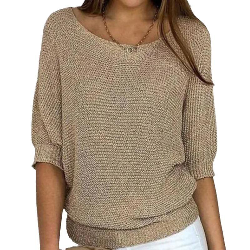 Women's Sweater Pullover Temperament Commuting Winter Tops Solid Color Round Neck Three Quarter Sleeve Knitted Sweater Top