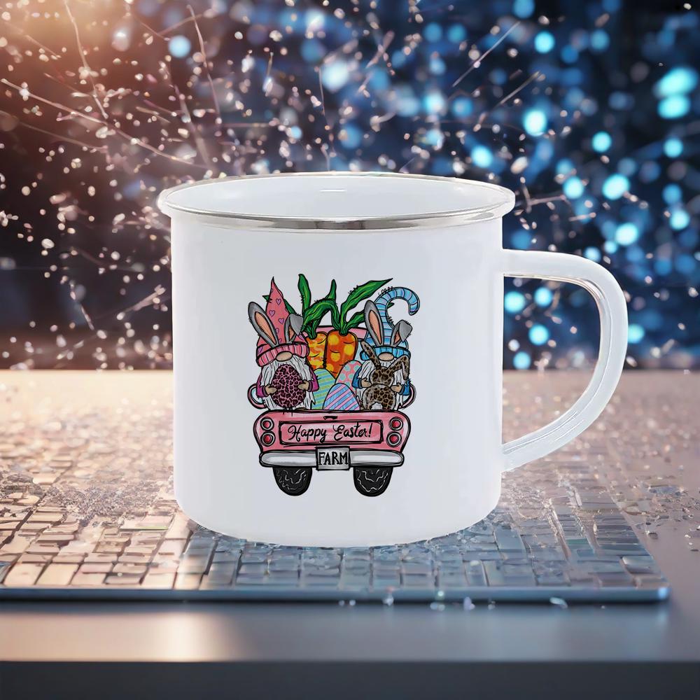 Happy Easter Themed Coffee Mugs Cute Coloful Juice Water Drinkware easy clean Mugs Novetly Rabbit Car Pattern Enamel Mug Safe