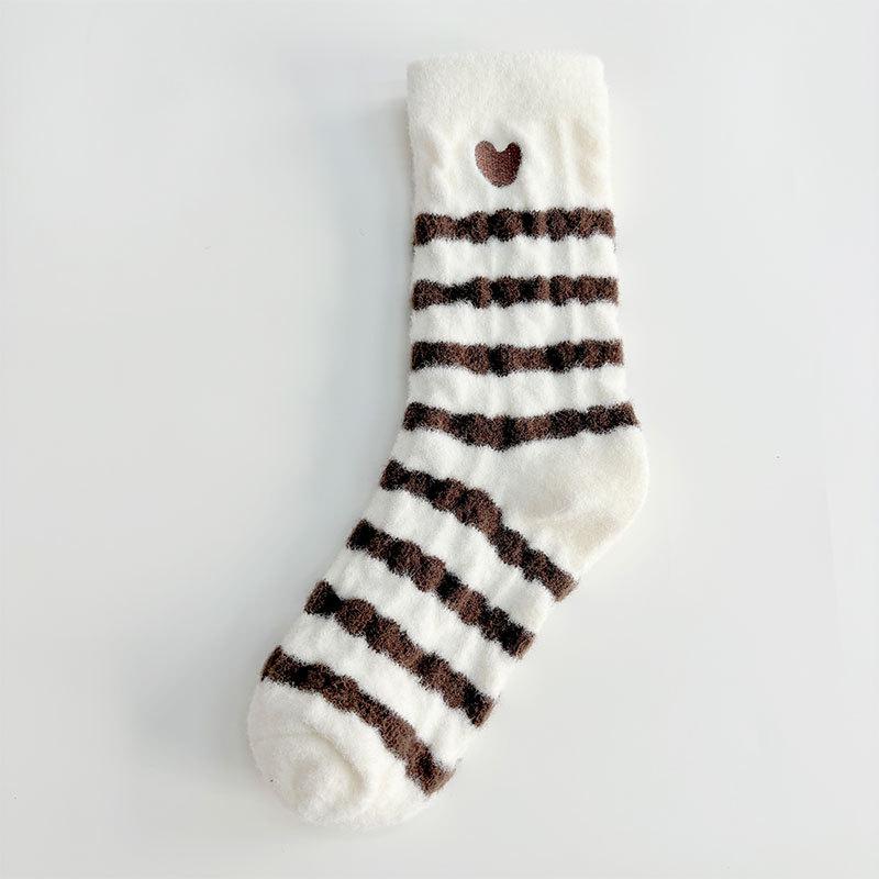Female Autumn and Winter Thickened Warm Velvet Stripe Home Sleep Tube Socks