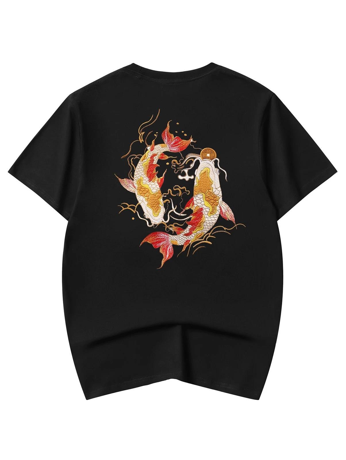 

Niepce Japanese Streetwear Embroidery T-shirt Golden Koi Fish Graphic Tee S