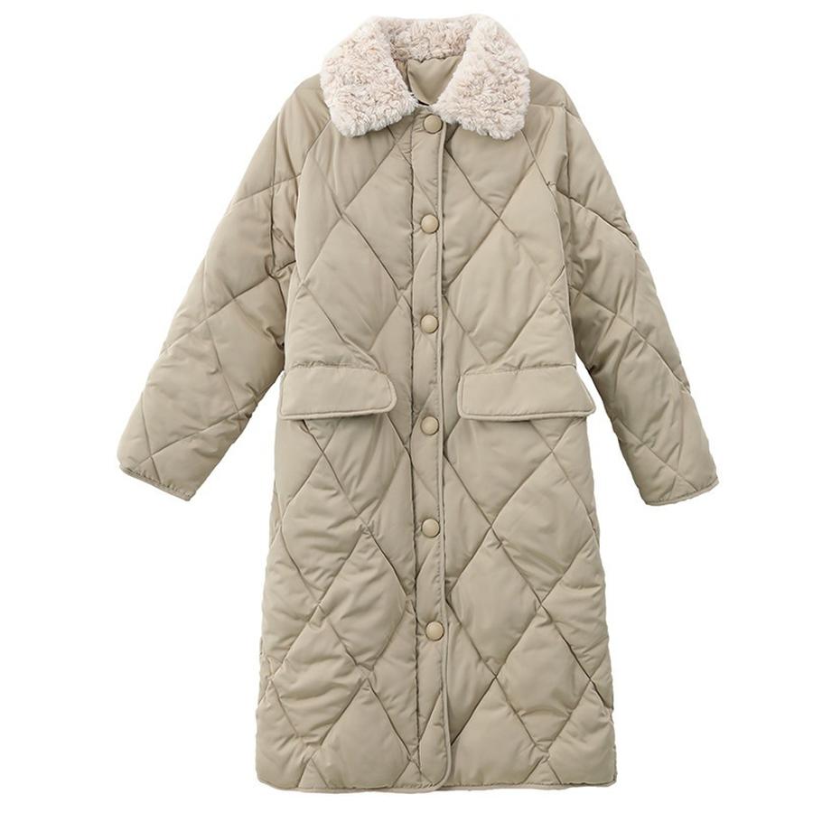 Plus Size Fashion Puffer Cotton Jacket with Quilted Diamond Pattern Wool Collar