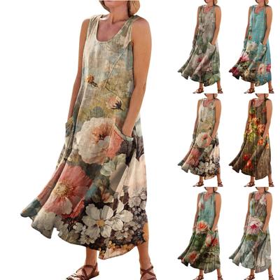 Sommer-Freizeitkleider für Damen, ärmelloses Tank-Sommerkleid mit Blumendruck, plissiertes T-Shirt-Baumwollkleid mit Taschen