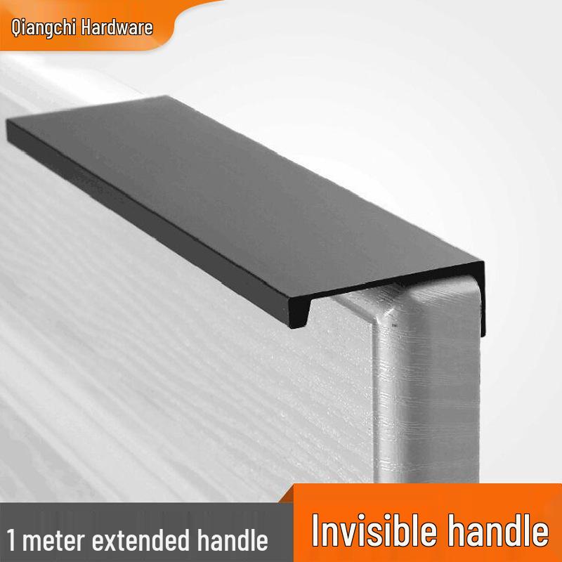 Black Aluminum No-Punch Concealed Handle for Kitchen and Wardrobe Cabinets