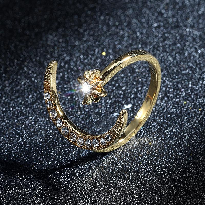 Fashion Finger Ring Silver Color Star Moon Rings For Women Wedding Party Jewelry Shine Crystal Metal Flower Opening anillo