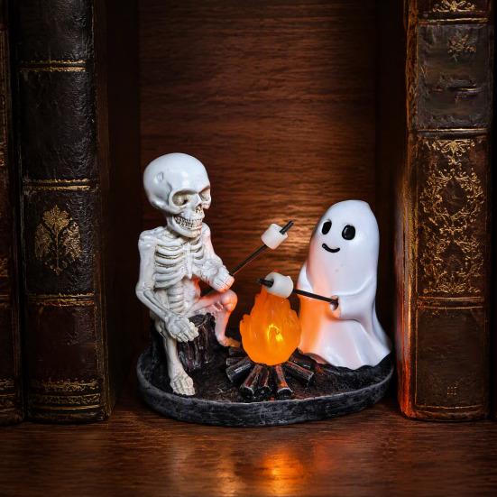 Spooky Home Ornament Skeleton And Ghost Bonfire Night Lamp, Halloween Campfire Flickering Table Horror Fan Collectible Cute Roasting Marshmallow