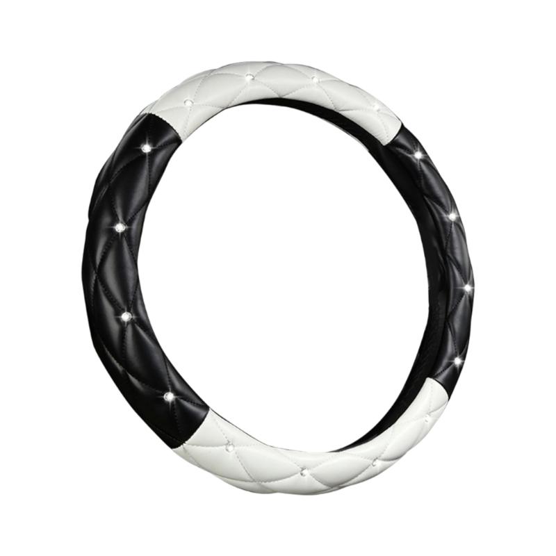 Leather Steering Wheel Cover Featurings Sparkling Rhinestones Studs for Enhanced Driving Comfort and Antislip