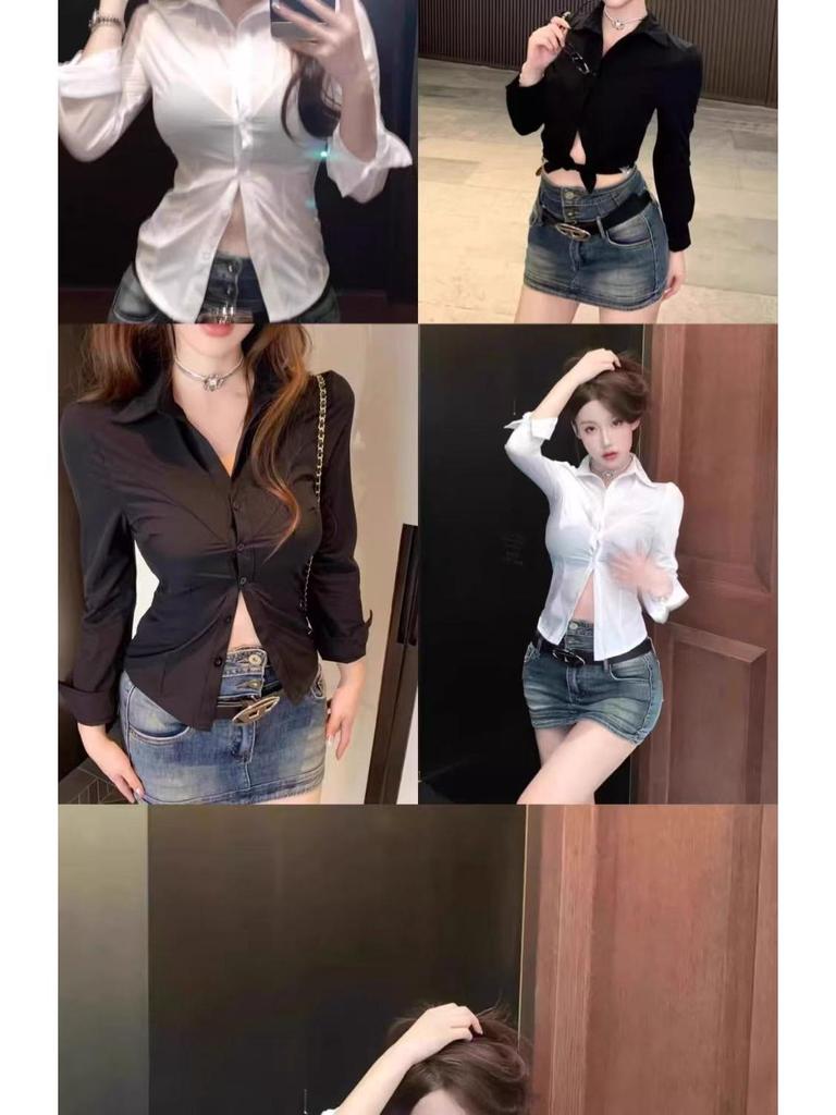 V-Neck Slim Fit Bodycon White Shirt for Women - Sexy Waist-Cinching Top with Chic Chest Design, Perfect for Autumn/Spring.