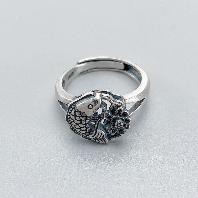 Adjustable Open Ring Women Men Sterling Koi Fish Design Vintage Geometric Finger