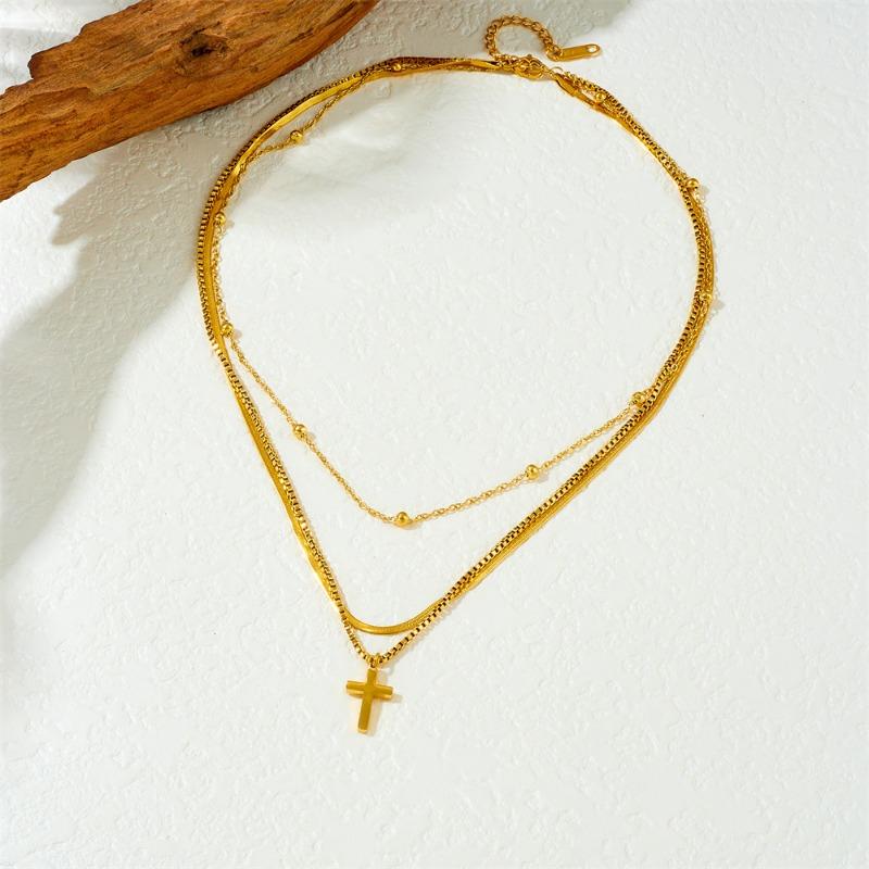 

Gold Plated Stainless Steel Double Layer Cross Pendant Necklace for Women золотой