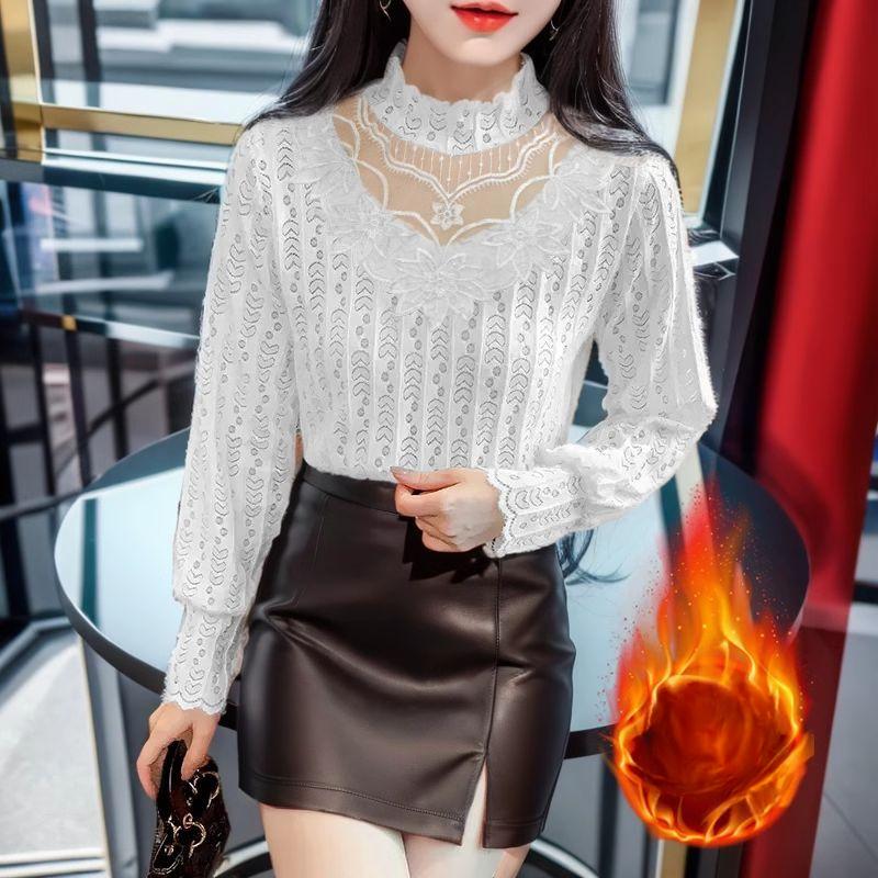 

Шикарний і універсальний: Жіночі мереживні топи з осінньо-зимовим дизайном, високим коміром, сорочка в західному стилі та оксамитовий низ M білий