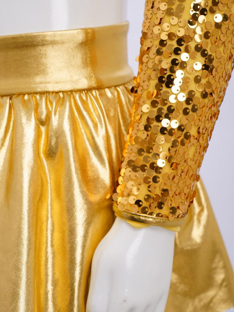 Kids Girls Jazz Dance Costume One Shoulder Long Sleeve Sequins Top with Elastic Waistband Metallic Tutu Skirt for Performance Competition