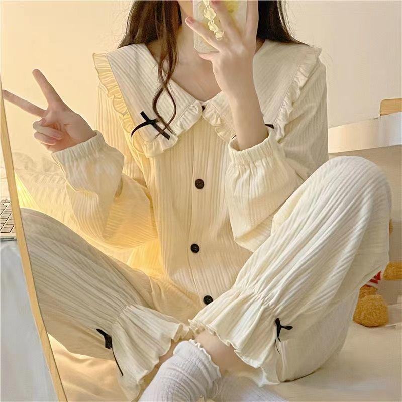 Women's Cute Korean Ins Doll Collar Bow Cardigan & Pants Set - Spring/Autumn Princess Style Loungewear