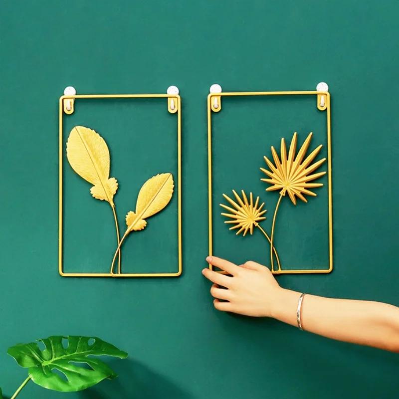 Ginkgoblad Vägghängande Dekoration Metallram Prydnad Järn Guld Palm Lönnlöv Vägg Hänge för Bakgrund Vardagsrum Heminredning