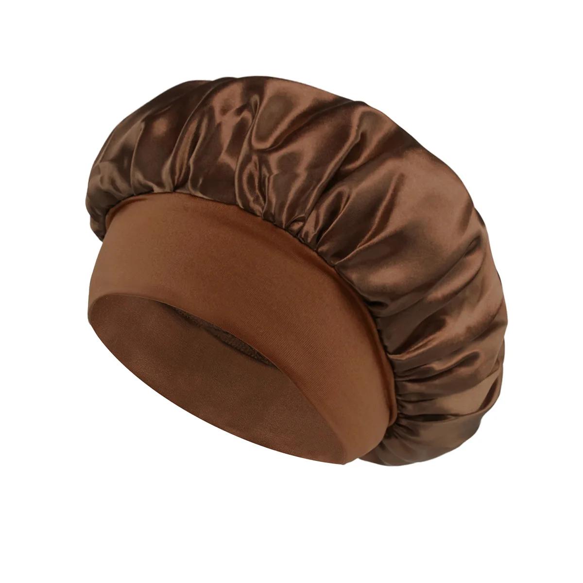 Women Satin Bonnet Hair Bonnet for Sleeping Hair Care Silk Bonnets Solid Wide-brimmed Sleeping Hat with Elastic Soft Band кофейный