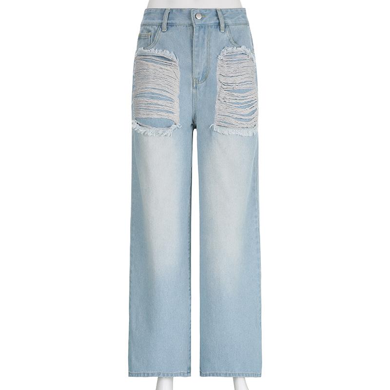 Vintage Design Sense Street Personality Solid Color Holes Casual Loose Straight Pants Low Waist Hot Girls Jeans Stitching Skinny Cool Girls Jeans