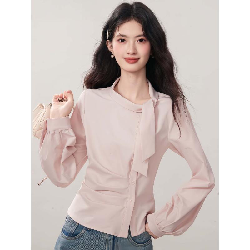 2025 New Autumn Slanted Placket Western-style Ribbon Light Luxury Shirt Irregular Versatile Top