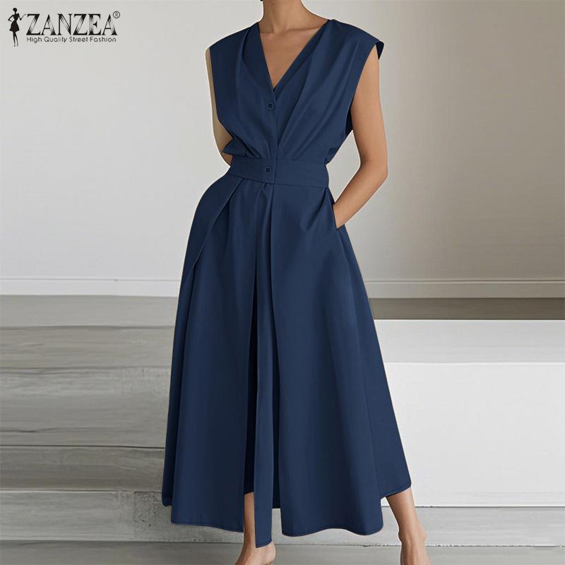 ZANZEA Womens Summer V-Neck Casual Sleeveless Long Dress