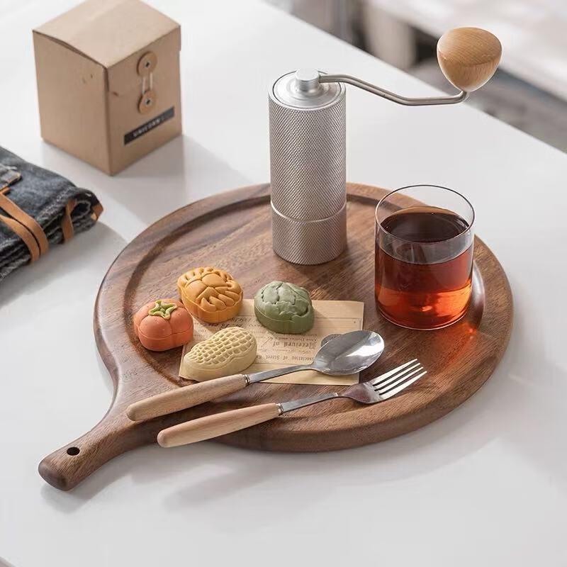 Walnut Wood Serving Tray with Handle Round Handle Dinner Plate